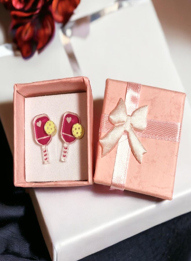 Uniqkool Pickleball Earrings, Handcrafted Studs (Magenta/Pink) - Image 2